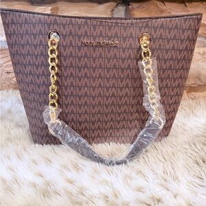 Montana West Brown Monogram Chain-Handle Tote